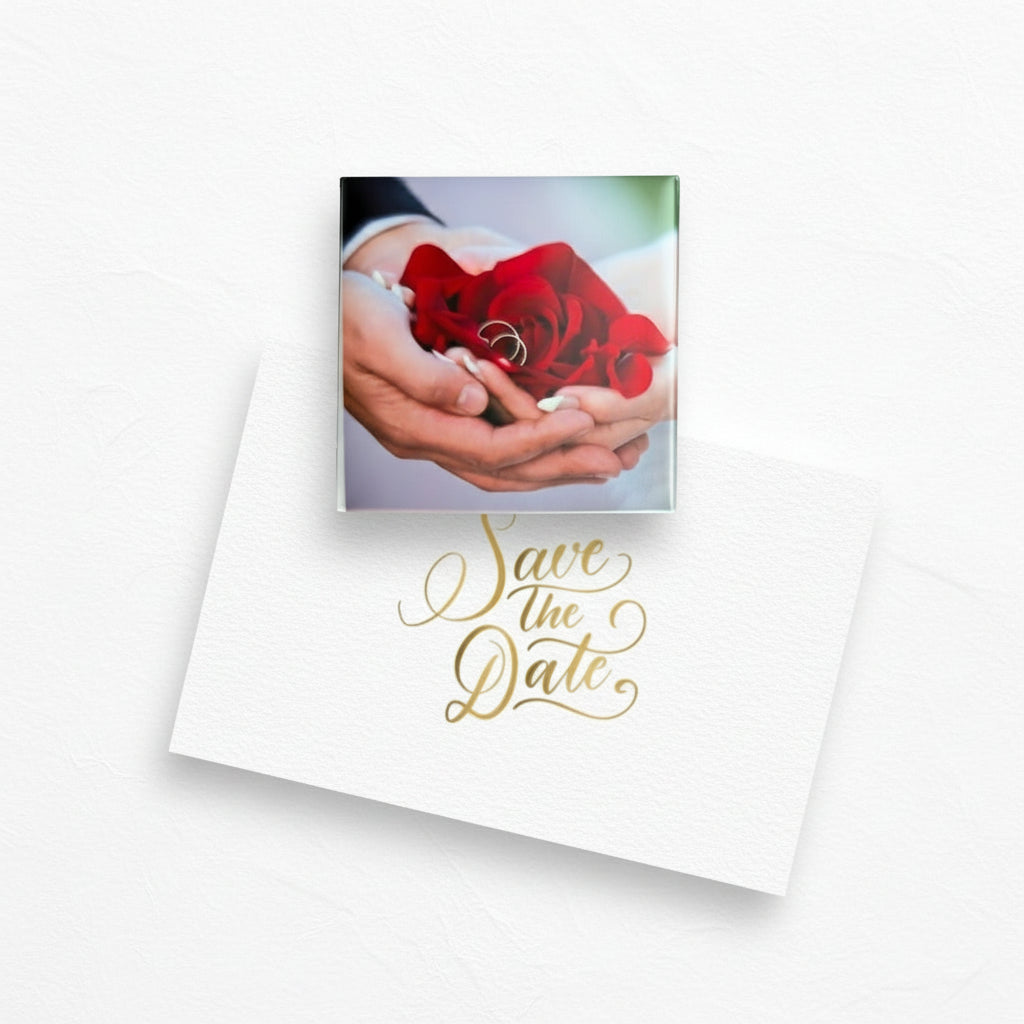 Fridge magnet with 'Save the Date' design featuring a red rose and hands holding a ring.