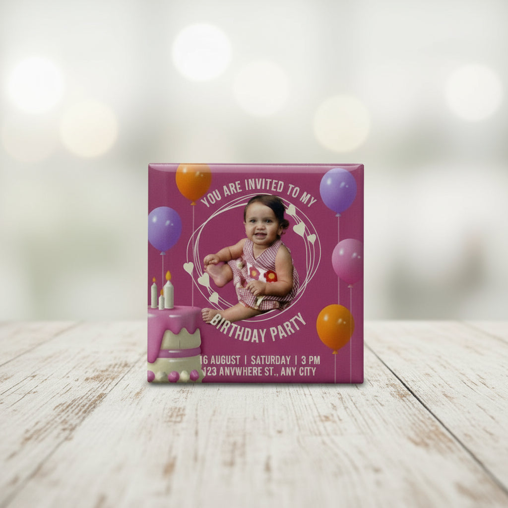 Invitation card for a birthday party on a refrigerator