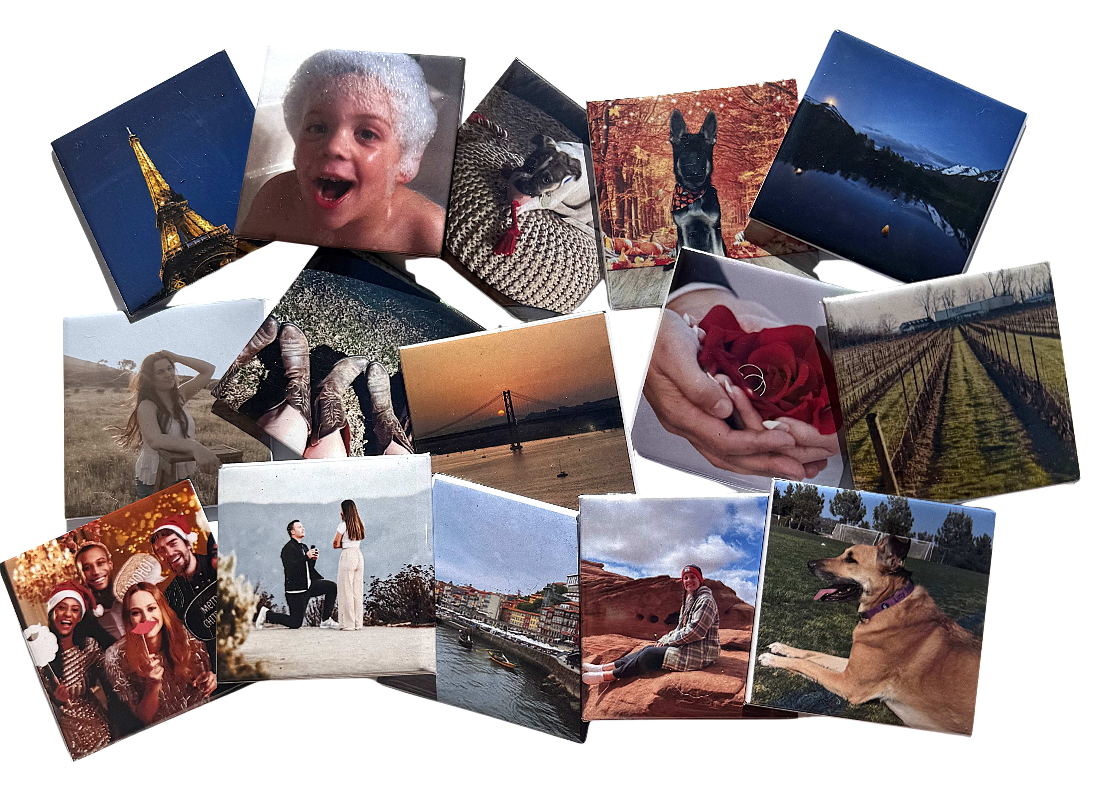 Collage of various magnetic photos including landscapes, people, animals, and scenic views.